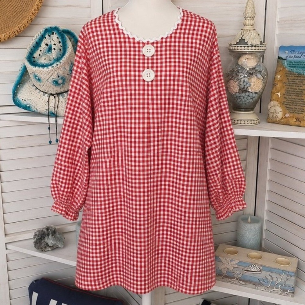 Handmade Red Gingham Tunic Dress XL Cottagecore Ric Rac Balloon Sleeve Picnic